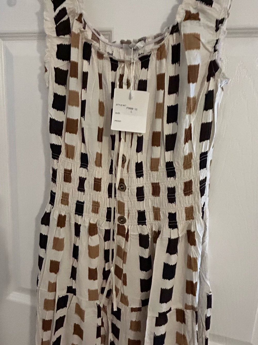 Sleeveless White Maxi Dress with Brown & Black Geo Print